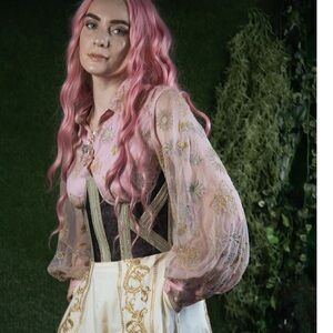 Pink Sheer Embroidered Bishop-Sleeve Blouse